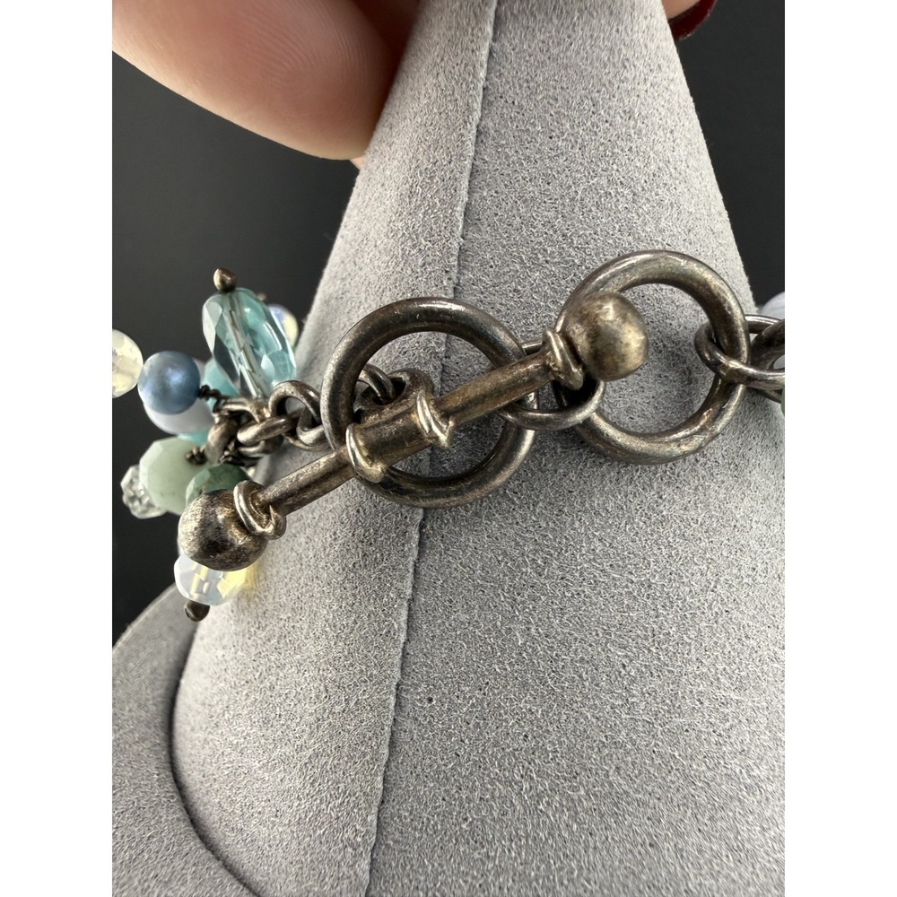 Vintage Beaded Bracelet Blue Beads Rhinestone Silver Tone 7" - Picture 3 of 6